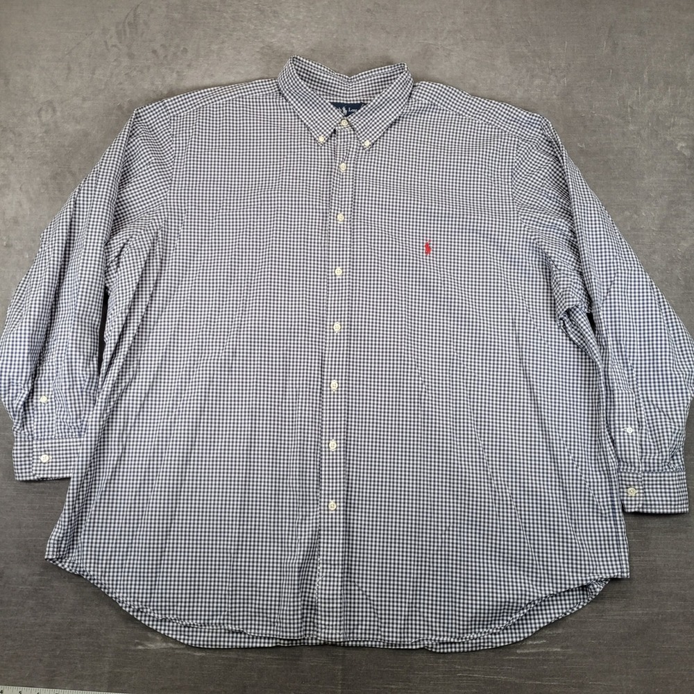 Ralph‎ Lauren Y2K Button Up Shirt Mens 4XB Blue Gingham Classic Fit Long Sleeve